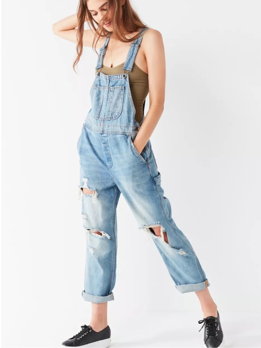 BDG Ryder Light Blue Distressed Denim Overalls Boyfriend Fit